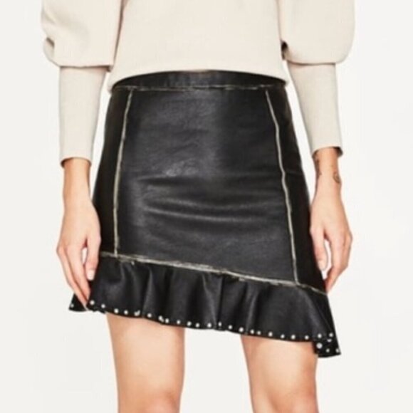 Zara Dresses & Skirts - Zara Asymmetric Studded Faux Leather Mini Skirt Size M